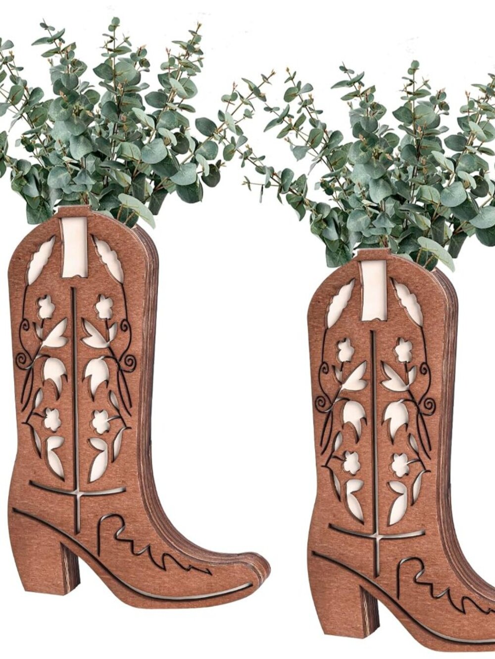 2 Pcs Wood Cowboy Boot Vase for Flowers Faux Greenery, Cowgirl Boot Decor, Weste
